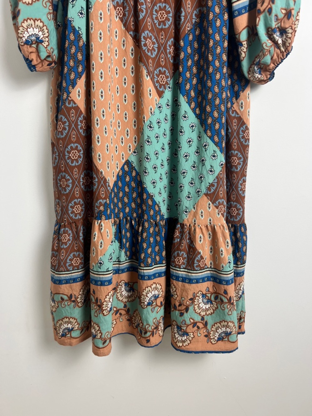 &Merci Small Warm Tone Patchwork V-Neck Long Puff Sleeve Bohemian Midi Dress - Picture 6 of 11